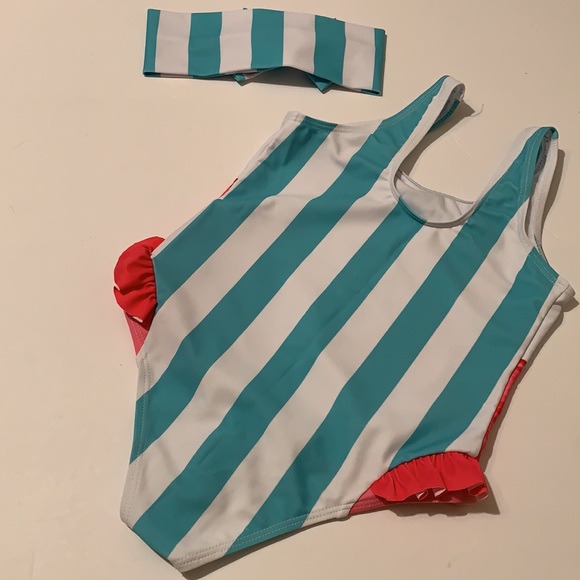 Girls Flamingo One Piece Swimsuit & Headband • NEW - Picture 2 of 7